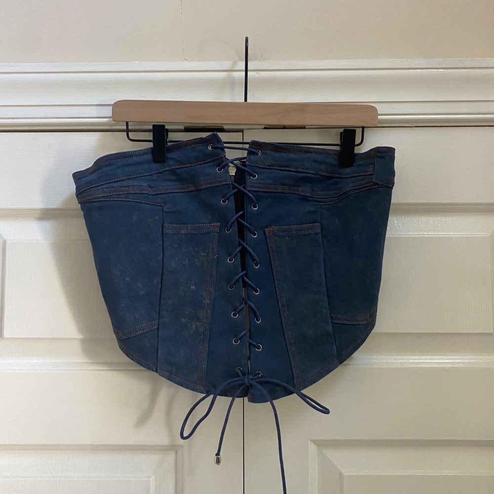 Akira Corset Top Women XL Dark Blue Denim Lace Up Grunge y2k Whimsigoth